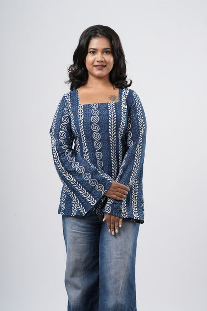 Women's Indigo Blue Geometric Handblock Cotton Short Kurti