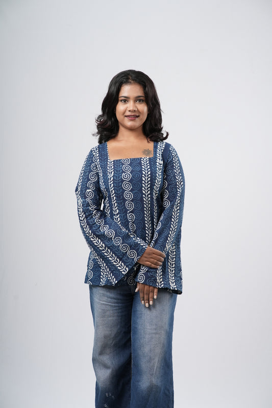 Women's Indigo Blue Geometric Handblock Cotton Short Kurti