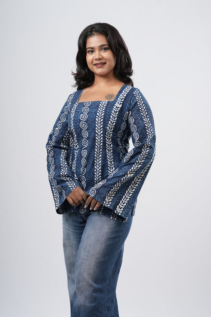 Women's Indigo Blue Geometric Handblock Cotton Short Kurti