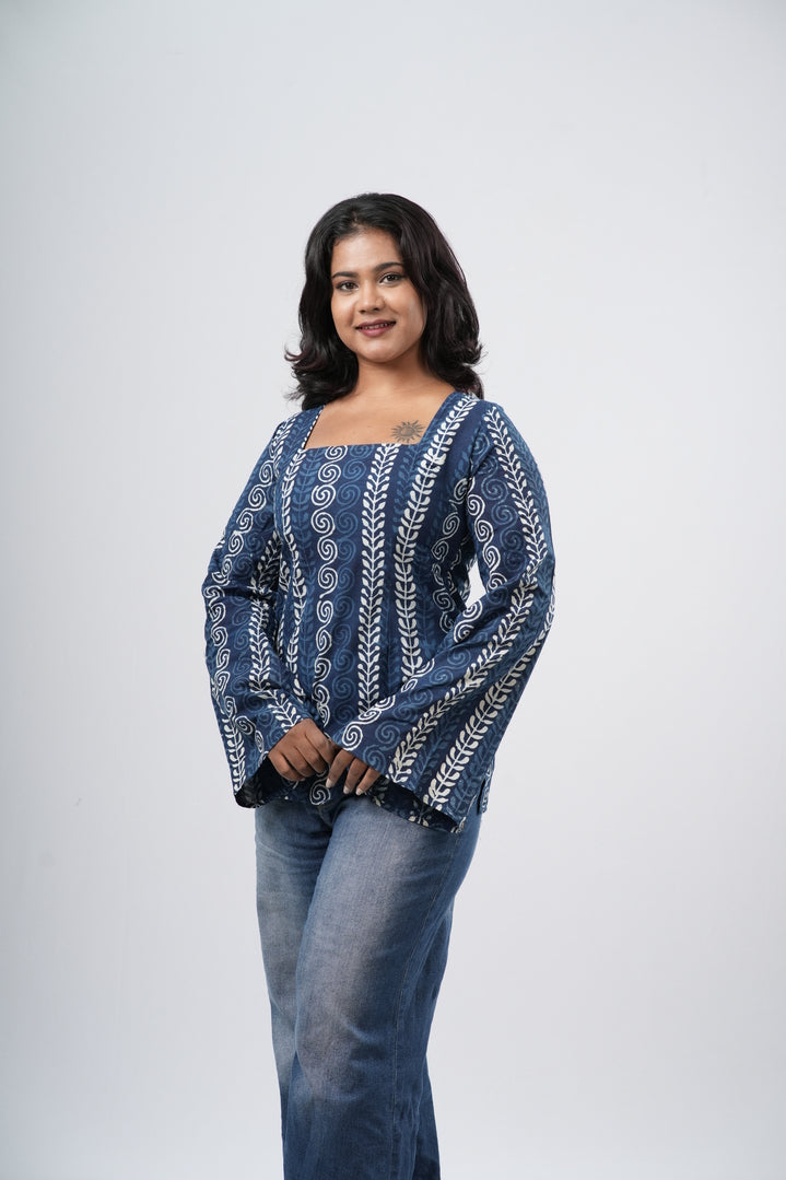 Women's Indigo Blue Geometric Handblock Cotton Short Kurti