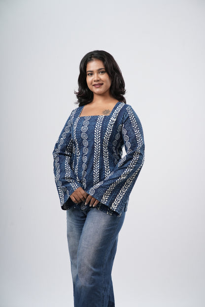 Women's Indigo Blue Geometric Handblock Cotton Short Kurti