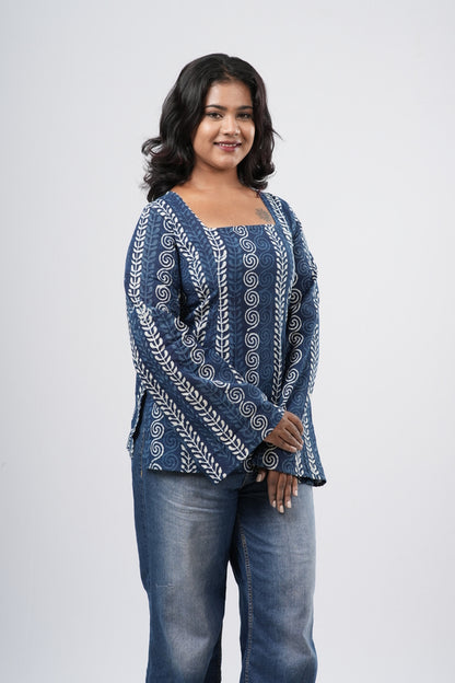 Women's Indigo Blue Geometric Handblock Cotton Short Kurti