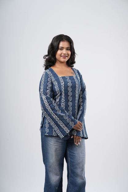 Women's Indigo Blue Geometric Handblock Cotton Short Kurti