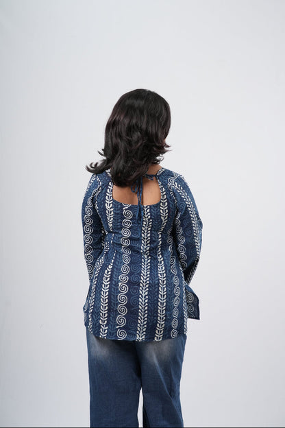 Women's Indigo Blue Geometric Handblock Cotton Short Kurti