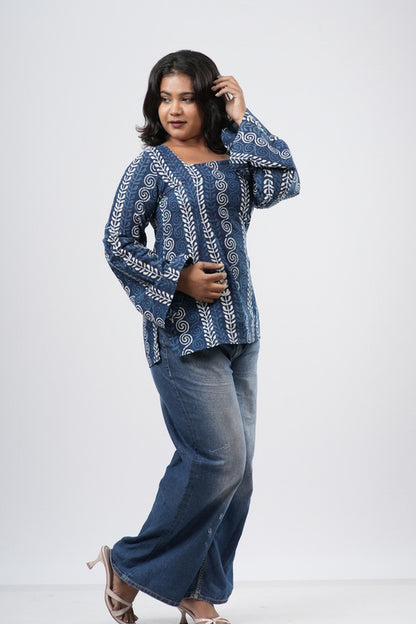 Women's Indigo Blue Geometric Handblock Cotton Short Kurti