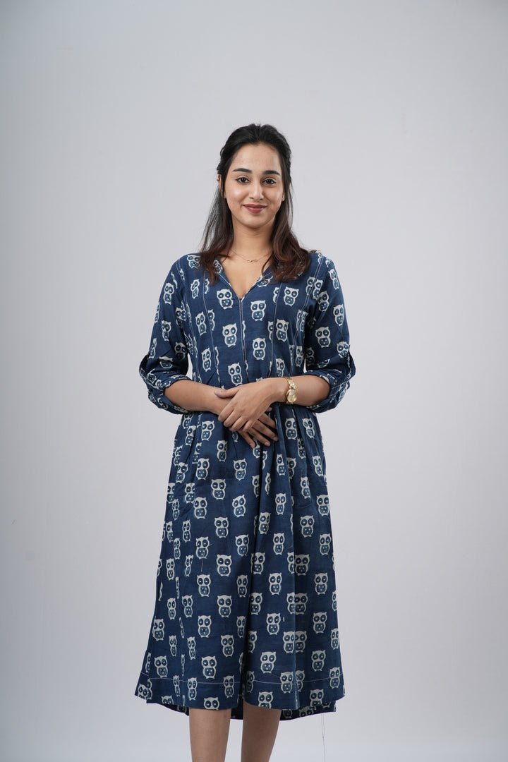 Indigo Blue Handblock Cotton A-Line Dress