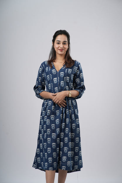 Indigo Blue Handblock Cotton A-Line Dress