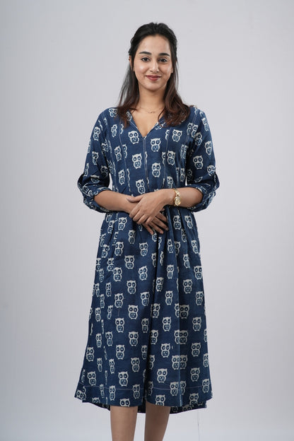 Indigo Blue Handblock Cotton A-Line Dress
