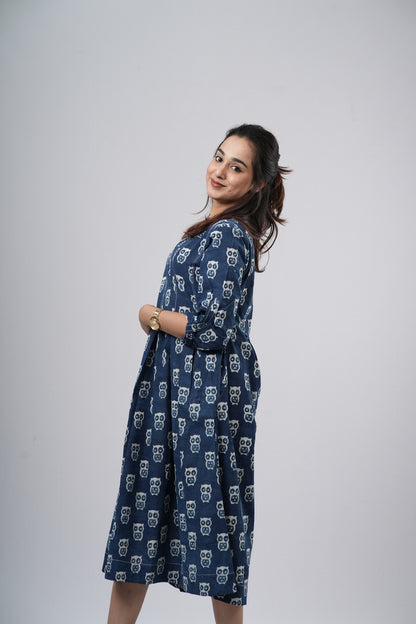 Indigo Blue Handblock Cotton A-Line Dress