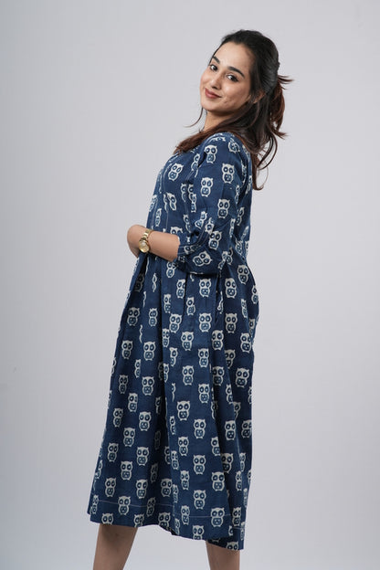 Indigo Blue Handblock Cotton A-Line Dress