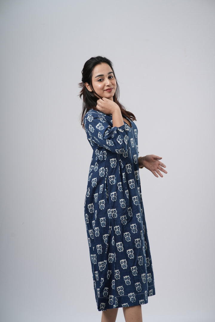 Indigo Blue Handblock Cotton A-Line Dress