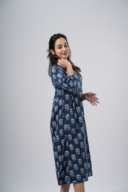 Indigo Blue Handblock Cotton A-Line Dress