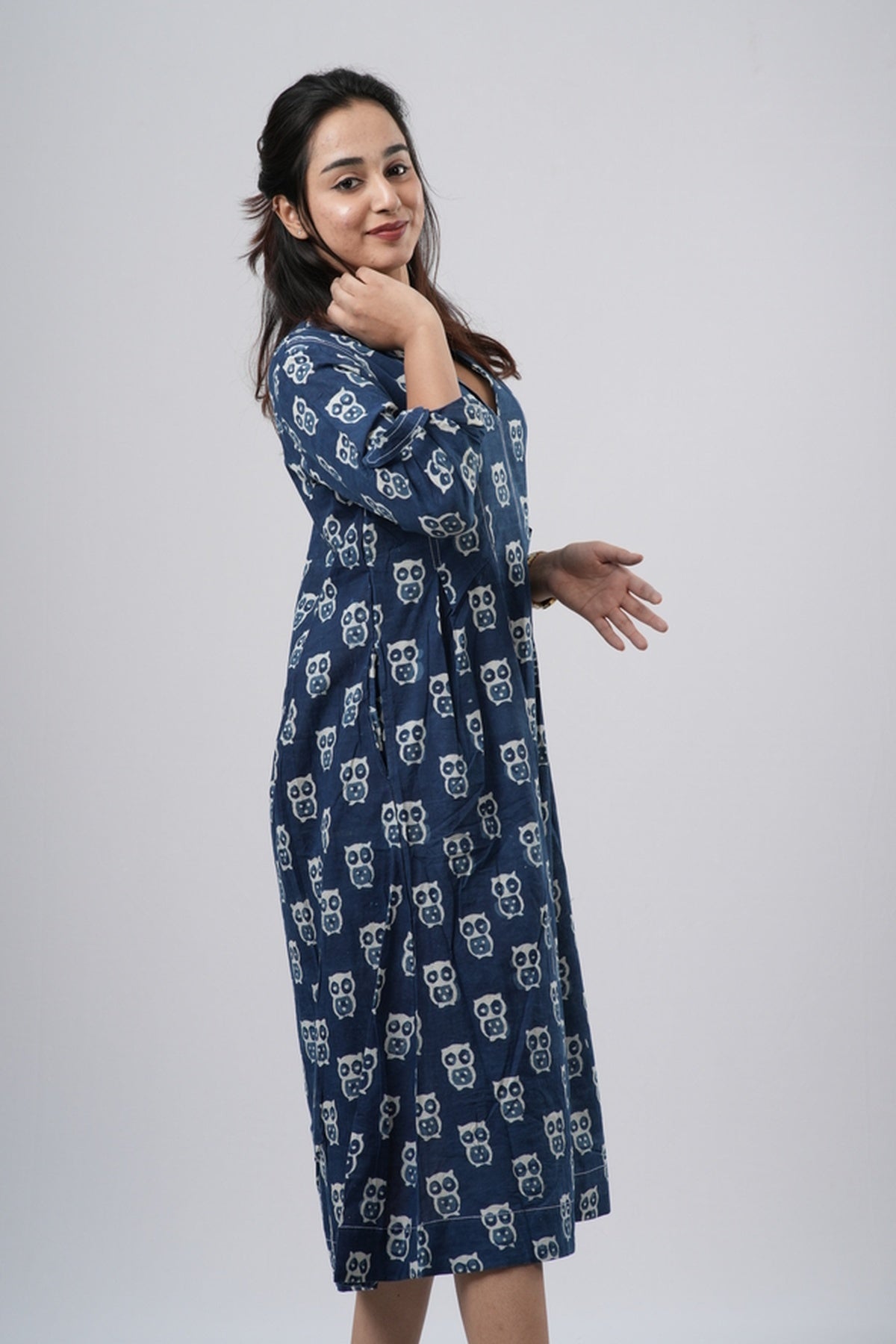 Indigo Blue Handblock Cotton A-Line Dress