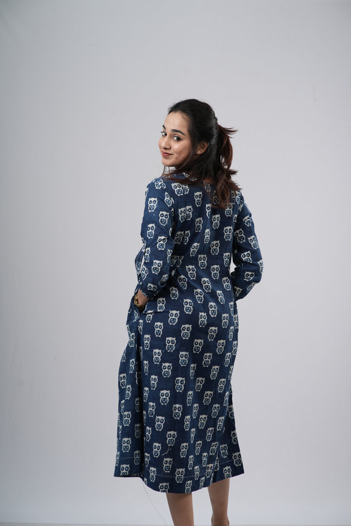 Indigo Blue Handblock Cotton A-Line Dress