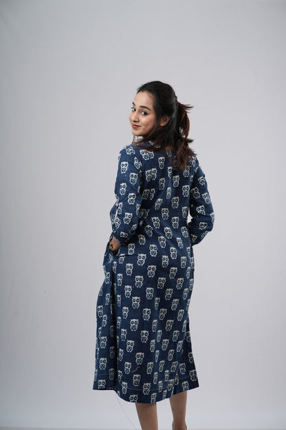 Indigo Blue Handblock Cotton A-Line Dress