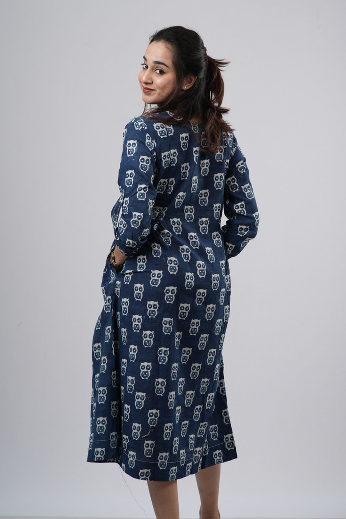 Indigo Blue Handblock Cotton A-Line Dress