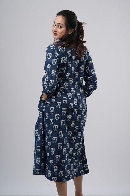Indigo Blue Handblock Cotton A-Line Dress