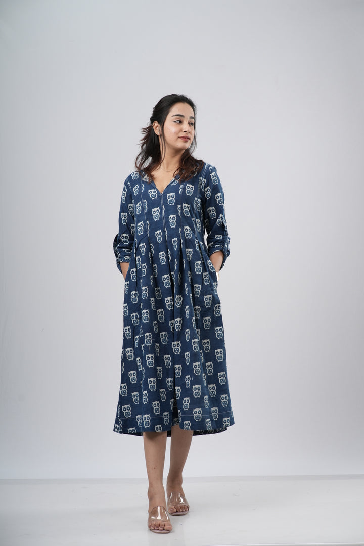 Indigo Blue Handblock Cotton A-Line Dress