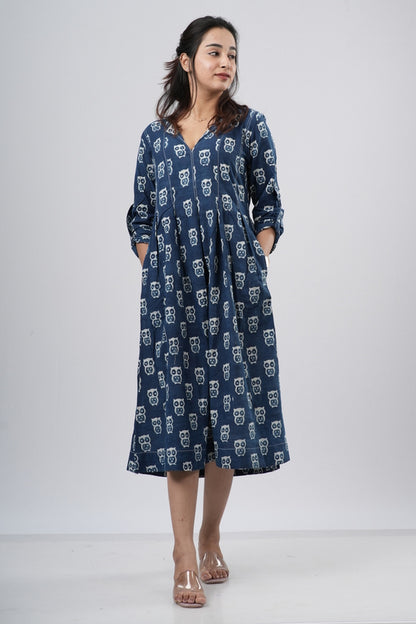 Indigo Blue Handblock Cotton A-Line Dress