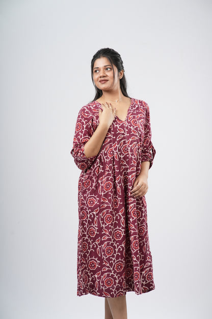 Red Paisley Handblock 100% Cotton A-Line Dress