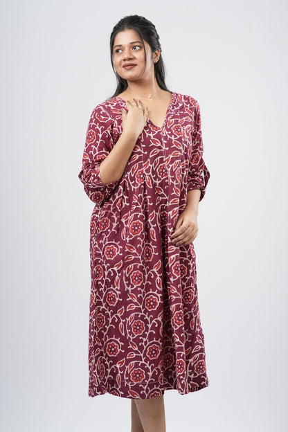 Red Paisley Handblock 100% Cotton A-Line Dress
