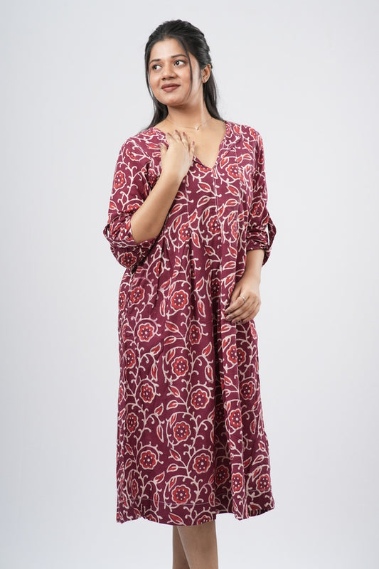 Red Paisley Handblock 100% Cotton A-Line Dress