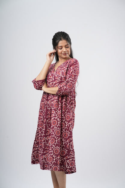 Red Paisley Handblock 100% Cotton A-Line Dress