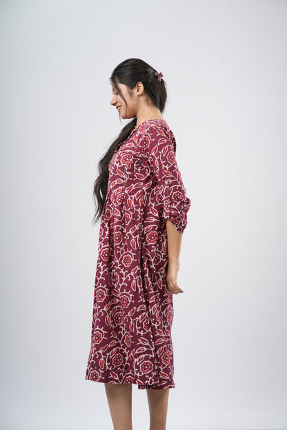 Red Paisley Handblock 100% Cotton A-Line Dress