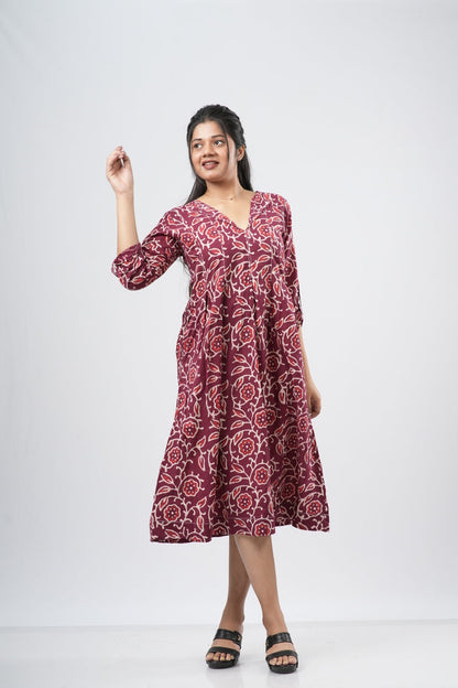 Red Paisley Handblock 100% Cotton A-Line Dress