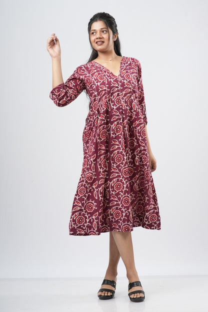 Red Paisley Handblock 100% Cotton A-Line Dress