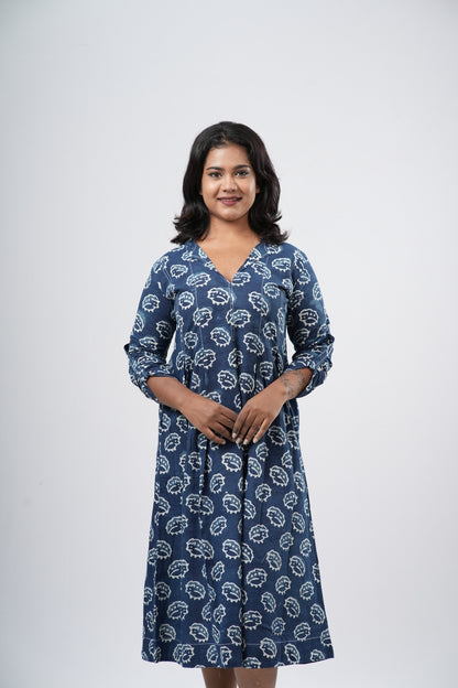 Indigo Shell Motif Handblock 100% Cotton A-Line Dress