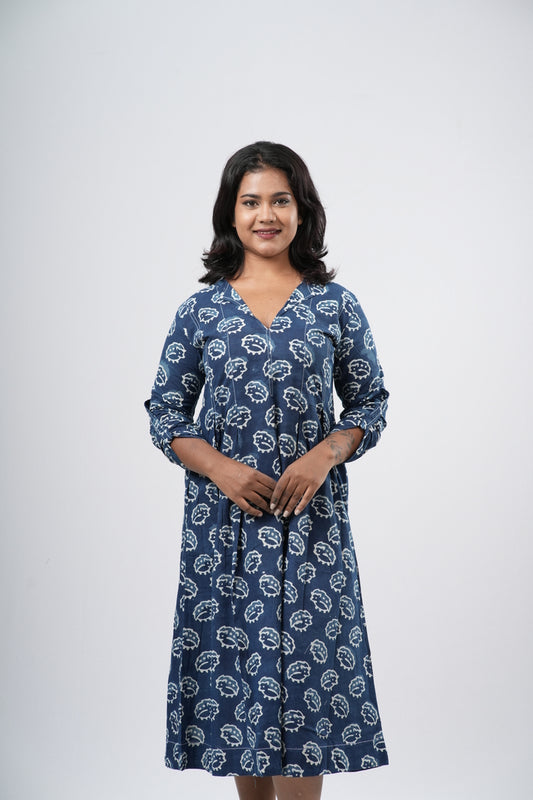 Indigo Shell Motif Handblock 100% Cotton A-Line Dress