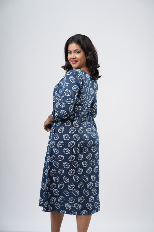 Indigo Shell Motif Handblock 100% Cotton A-Line Dress