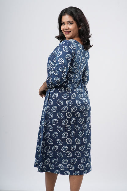 Indigo Shell Motif Handblock 100% Cotton A-Line Dress