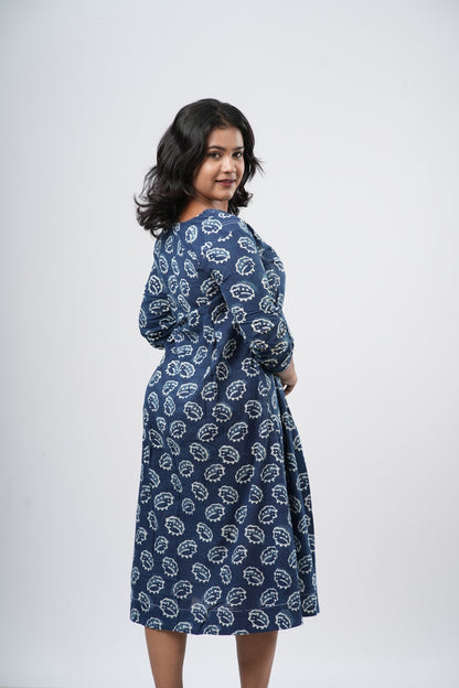 Indigo Shell Motif Handblock 100% Cotton A-Line Dress