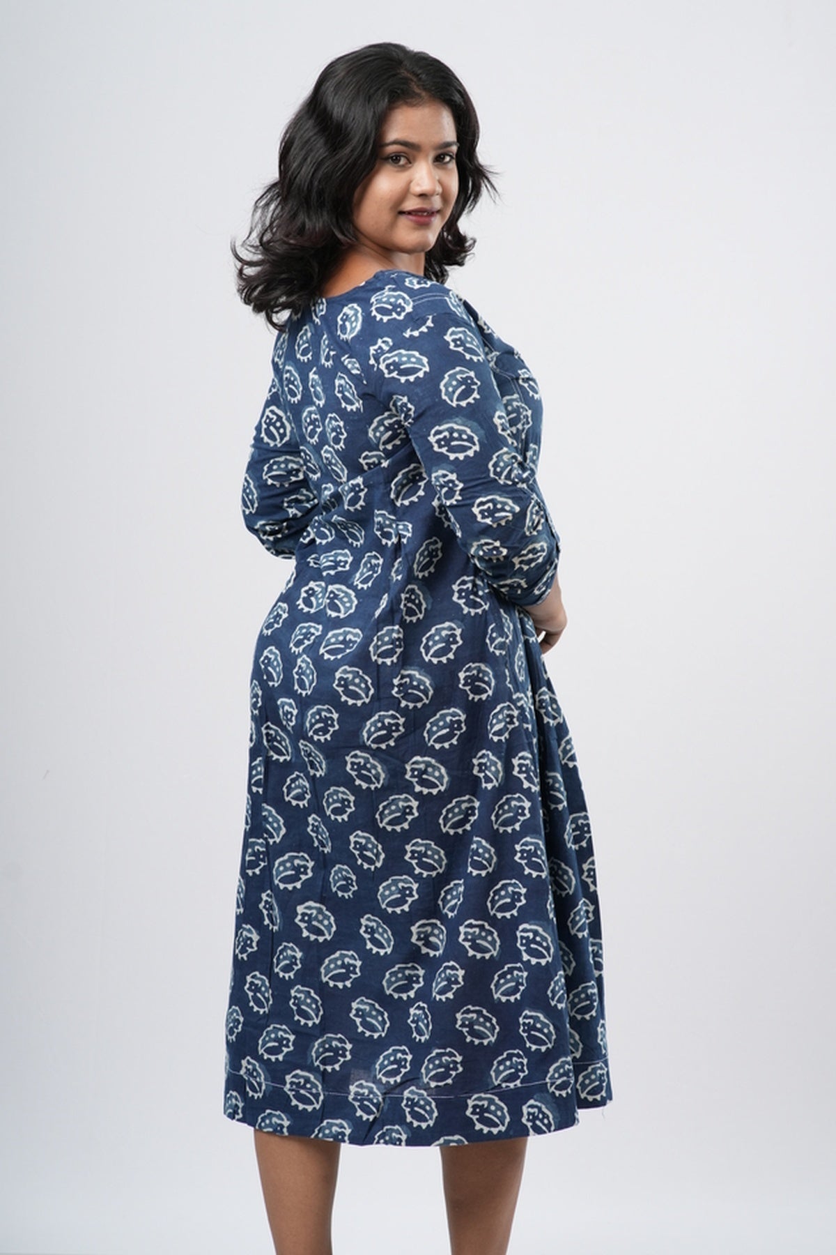 Indigo Shell Motif Handblock 100% Cotton A-Line Dress