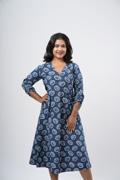 Indigo Shell Motif Handblock 100% Cotton A-Line Dress