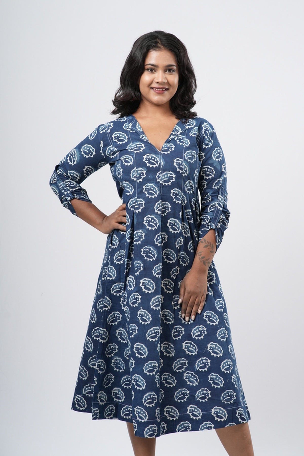 Indigo Shell Motif Handblock 100% Cotton A-Line Dress