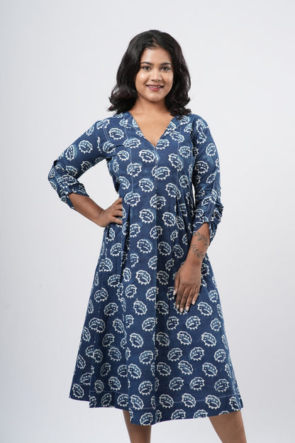 Indigo Shell Motif Handblock 100% Cotton A-Line Dress
