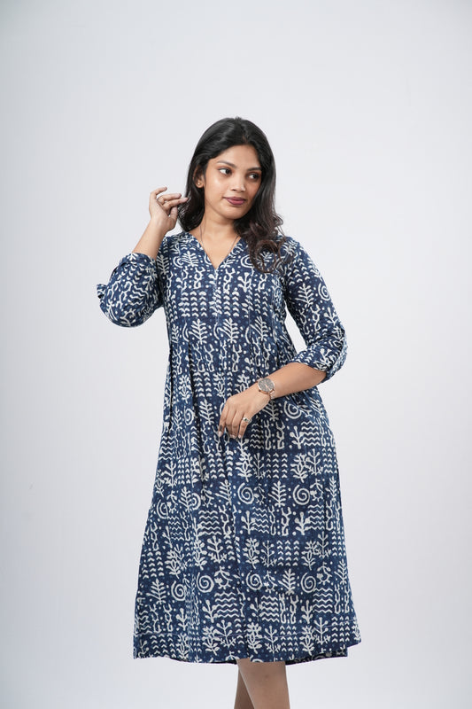 Indigo Blue 100% Handblock Cotton A-line dress