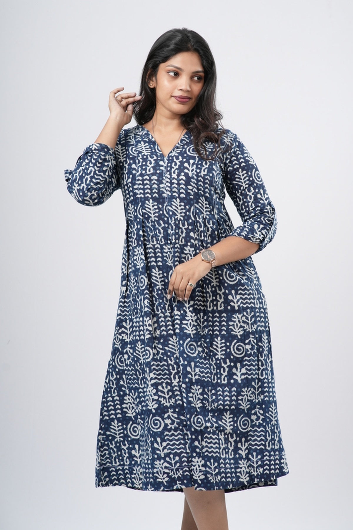 Indigo Blue 100% Handblock Cotton A-line dress