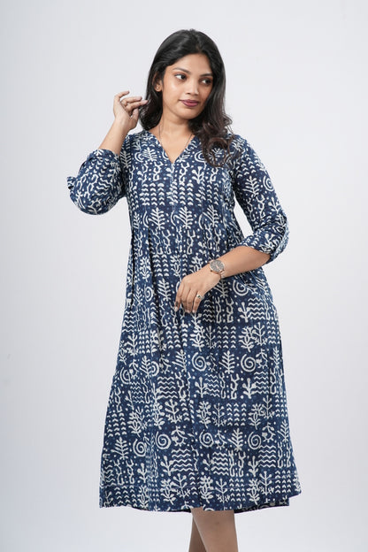 Indigo Blue 100% Handblock Cotton A-line dress