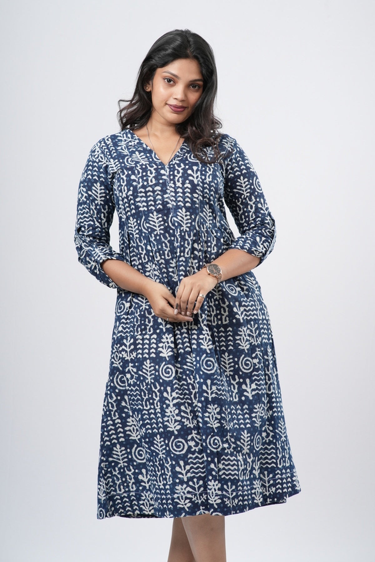 Indigo Blue 100% Handblock Cotton A-line dress
