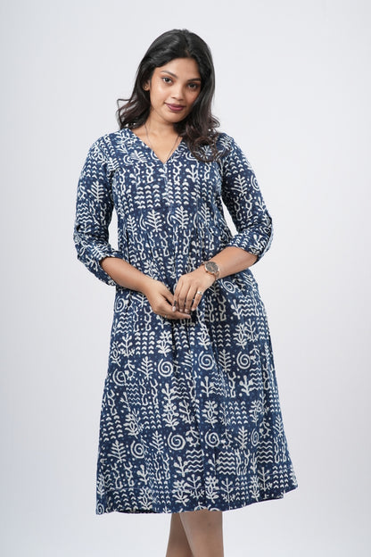Indigo Blue 100% Handblock Cotton A-line dress