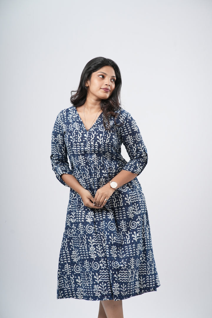 Indigo Blue 100% Handblock Cotton A-line dress