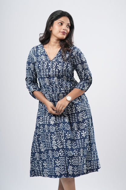 Indigo Blue 100% Handblock Cotton A-line dress