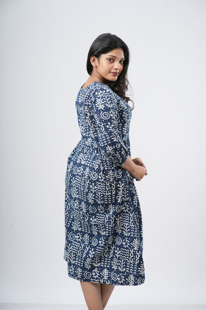 Indigo Blue 100% Handblock Cotton A-line dress