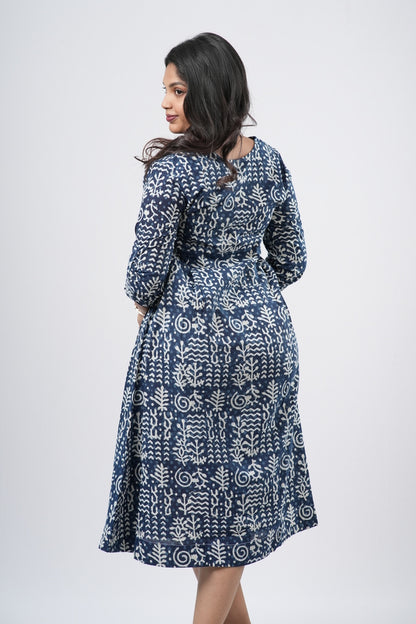 Indigo Blue 100% Handblock Cotton A-line dress