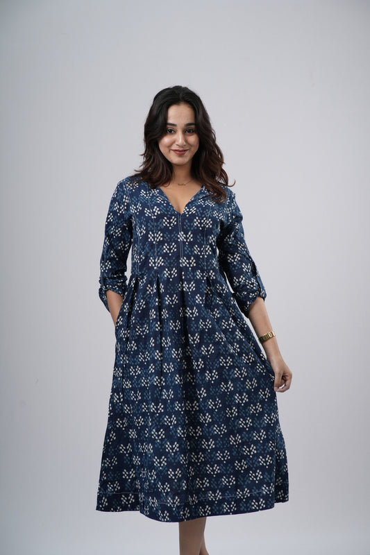 Indigo Diamond Lattice Handblock Cotton A-Line Dress
