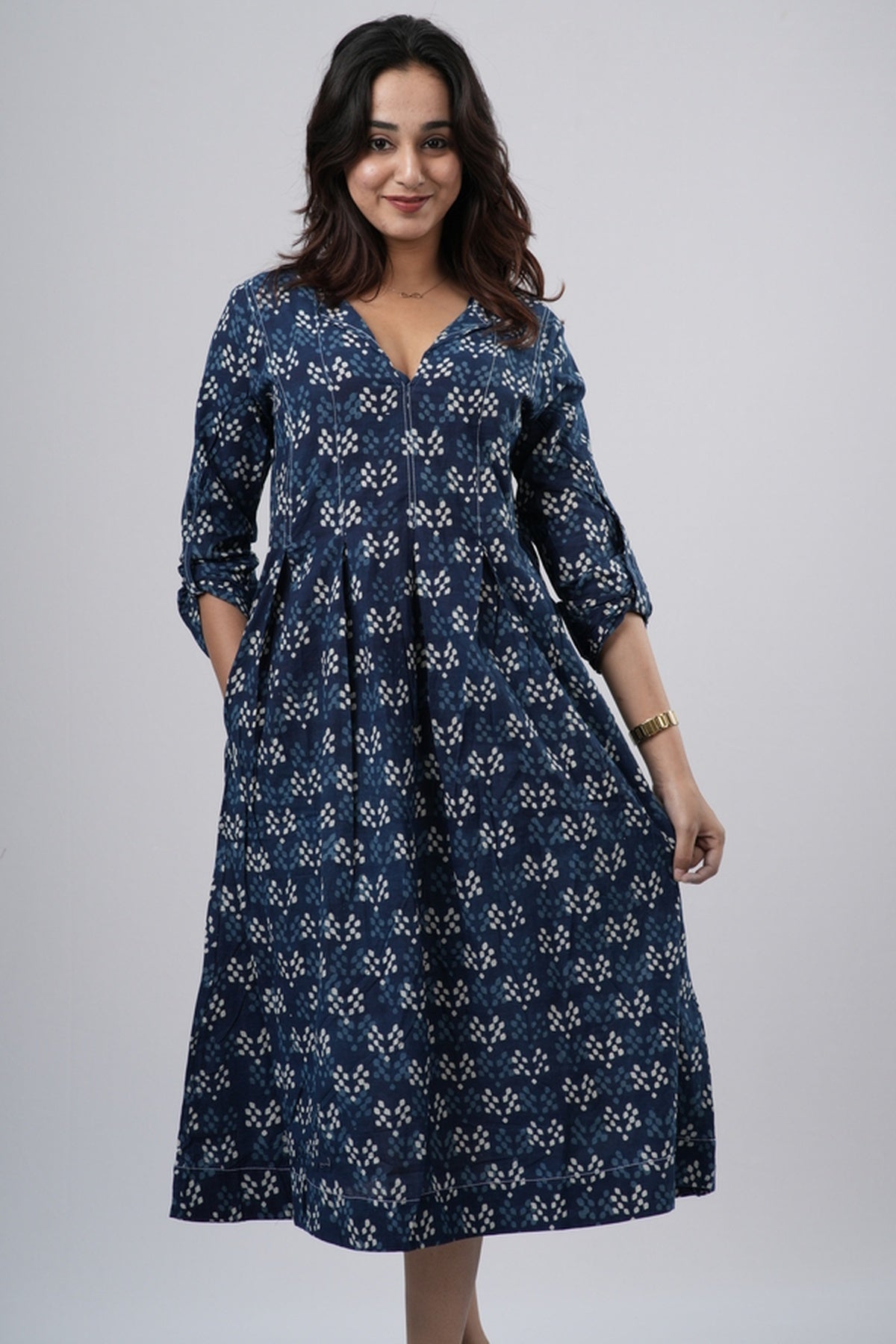 Indigo Diamond Lattice Handblock Cotton A-Line Dress